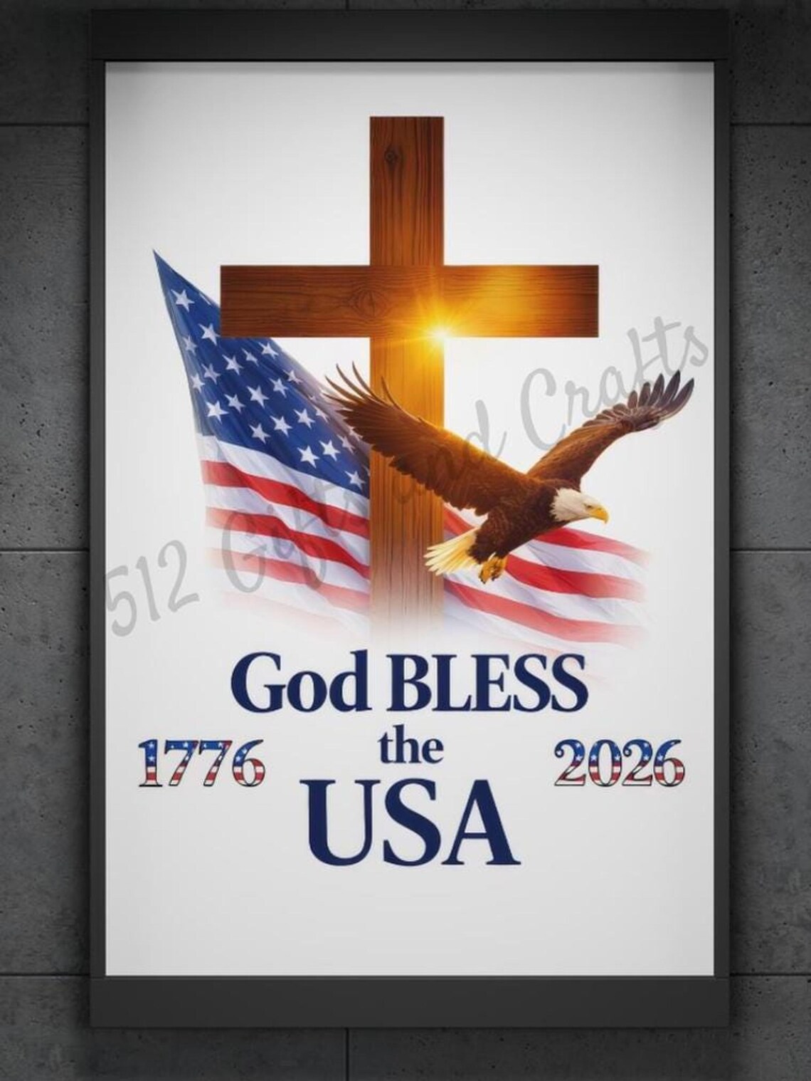 God Bless the USA patriotic Christian PNG with eagle, cross and American flag